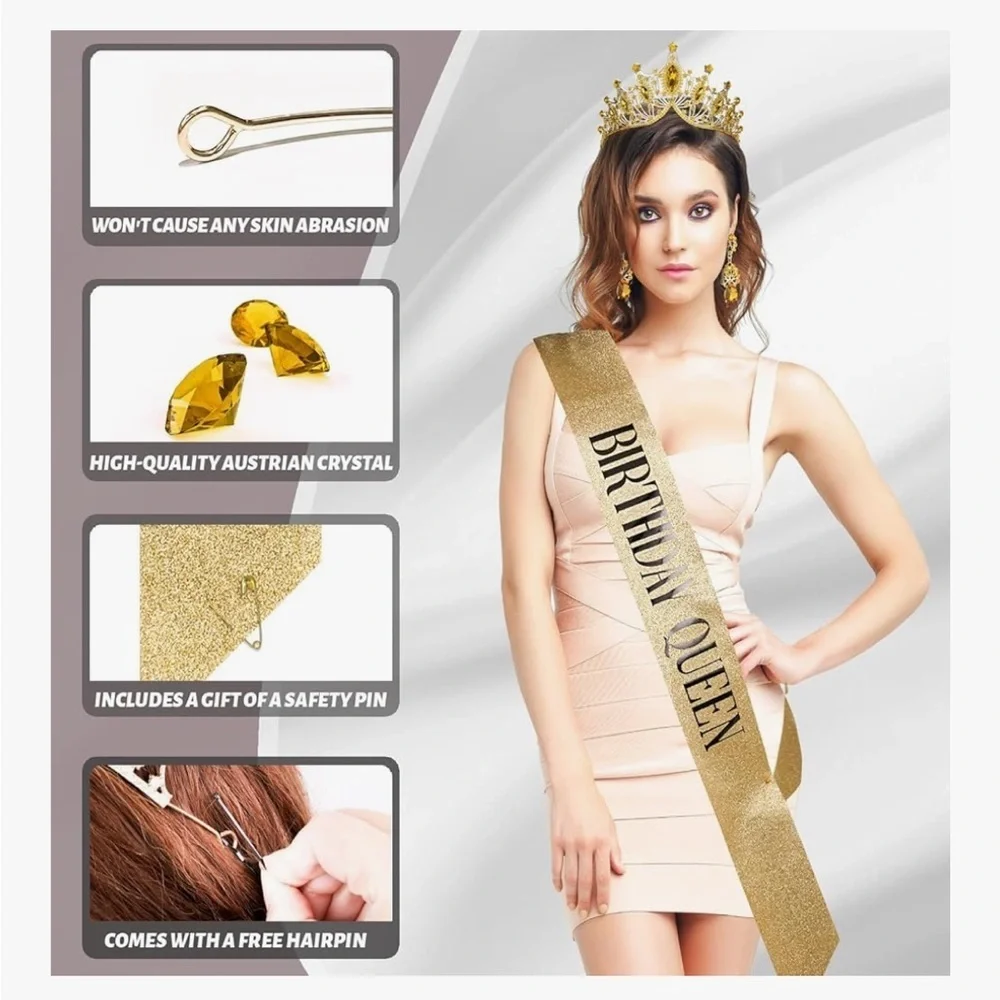 Gold Birthday Queen Tiara and Sash Set 064